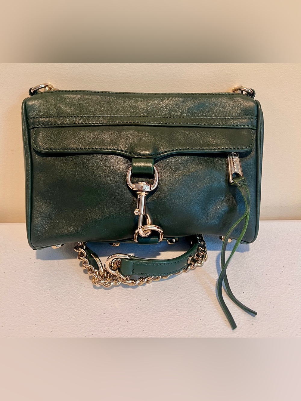 Rebecca Minkoff Mini MAC Crossbody Bag Dark Forest Green Gold Chain Leather Chic